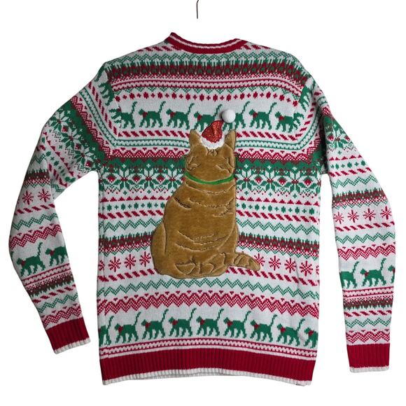 Cat Ugly Sweater Sm Santa Holidays Red Green Cat with Tie OrangeTabby Fun Unique - Picture 3 of 11